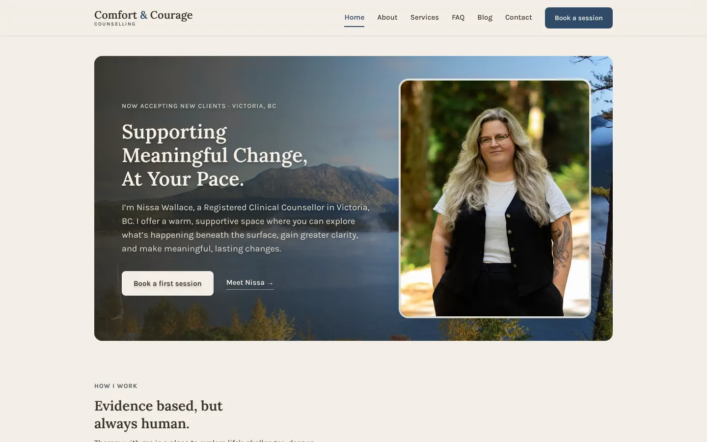 The Comfort & Courage Counselling home page on a desktop browser