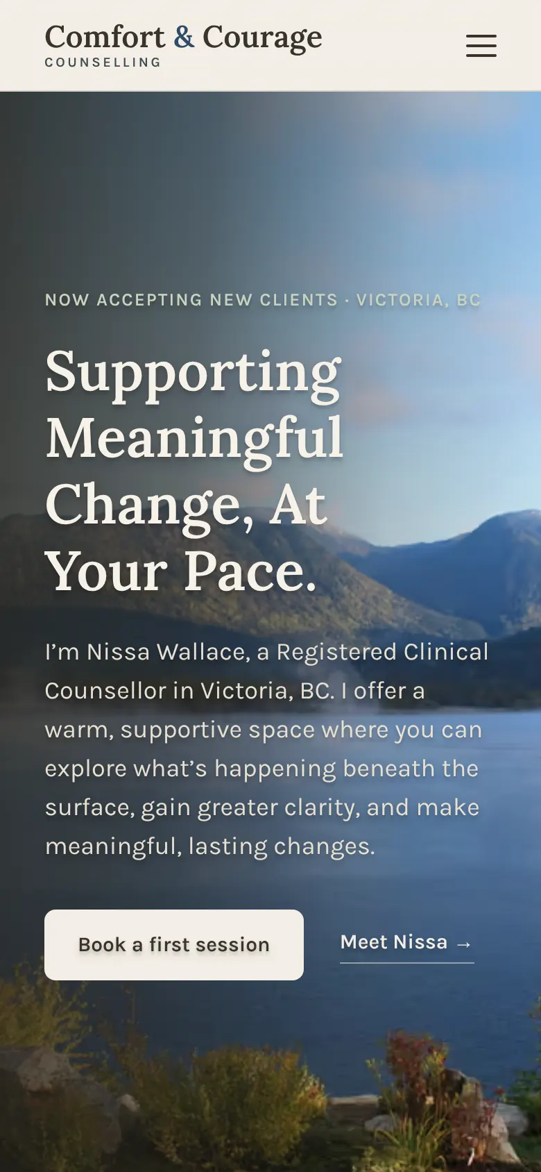 The Comfort & Courage Counselling home page on a phone