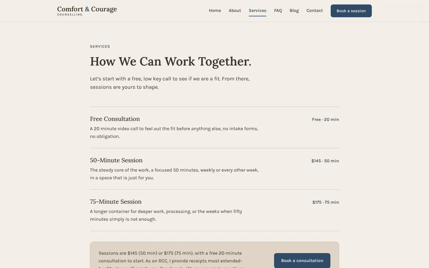 The services page of the Comfort & Courage Counselling site