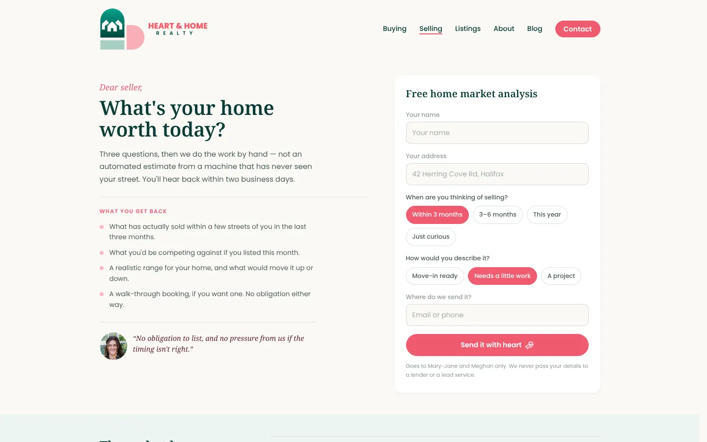 The home valuation form on the new Heart & Home Realty site